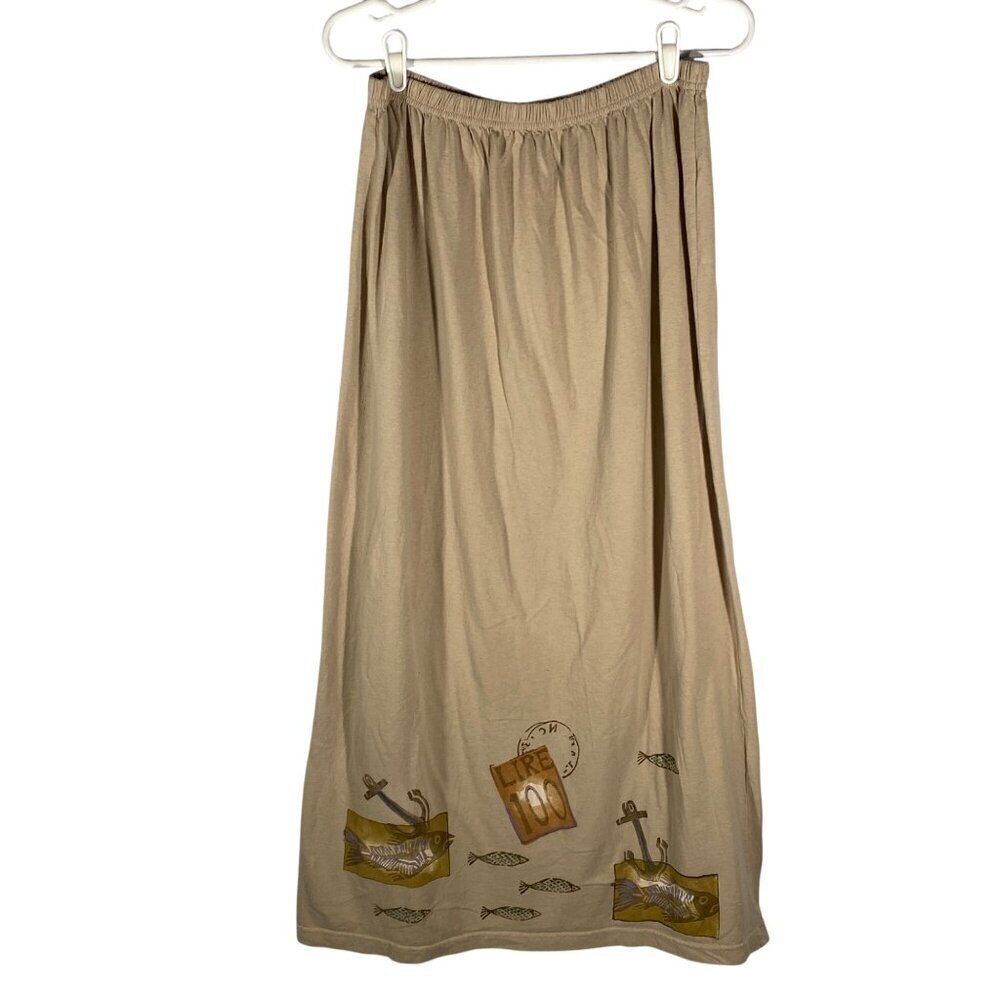 Blue Fish 1998 organic cotton lagenlook maxi skirt artsy hand printed Size 2
